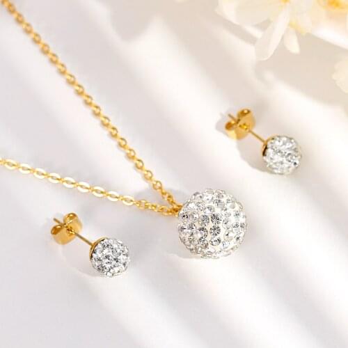 Simple And Stylish Ball Stainless Steel Gold And Silver Color Set Woman Accessories Earrings Pendant Necklace Zircon Set