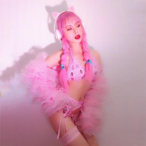 Pink Bunny Ears Bikini Pink Mesh Veil Women Gogo Party Nightclub Costume Dj Singer Bar Ds New Sexy Costumes Rave Outfit XS2059