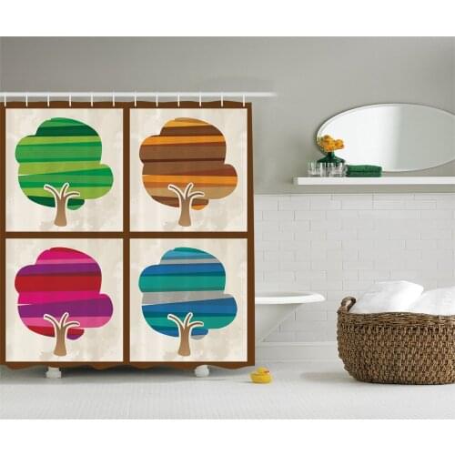 Modern Shower Curtain Striped Tree Silhouettes in Spring Fall Winter Summer Seasons Artwork Composition Bathroom Curtains