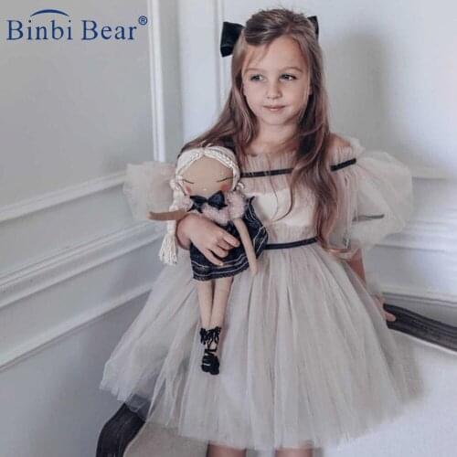 Spring And Autumn Girls' Princess Kids Clothes Dresses For Dress Elegant New Childrens Baby Girl Net Yarn Frocks Beige Vestidos