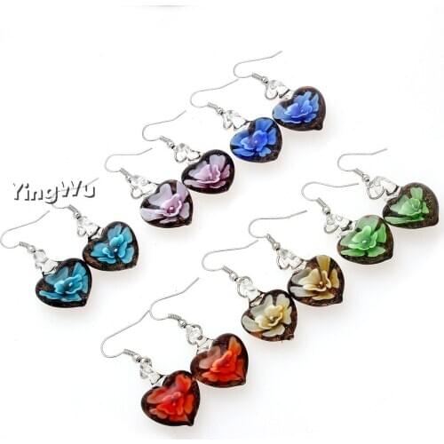 YingWu Fashion Women Wholesale Heart Black handmade Murano Lampwork Glass Flower In 3D Beauty Silver P Earring 1Pairs