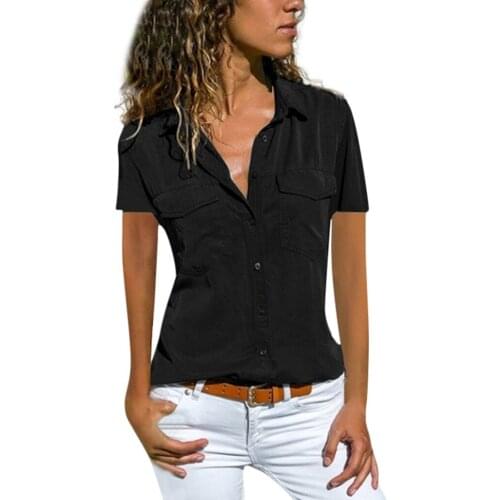 Women Casual Solid Short Sleeve Turn Down Collar Pockets Buttons Shirt Tops Tunique ropa mujer Basic Female TShirts 2021