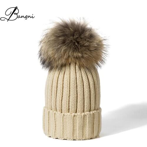 2017 High Quality Womens fox fur Knitted Beanie with pom poms wool hat knitted beanies for Ladies brand new thick female cap