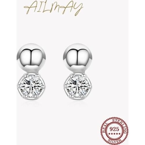 Ailmay Authentic 925 Sterling Silver Simple Round Clear Zircon Bubbles Earrings For Fine Female Fashion Anti-allergy Jewelry