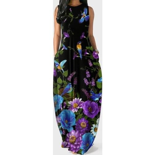 40# Women Vintage Summer Dresses Flower Print Sleeveless Plus Size Pullover Casual Dresses O-neck Long Dresses Платья Женские