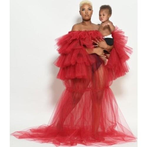 Vestido De Mujer Pretty 2020 See Thru Tulle Long Robe For Maternity Pictures Off The Shoulder Ruffles Women Dresses Summer