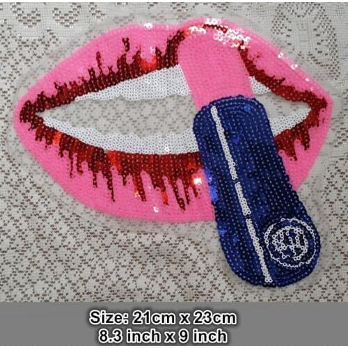 1 Piece Large Pink Lip Sequins Patches Fashion Clothes Applique DIY Clothing Decoration Sew On Sequins Patches for Clothes