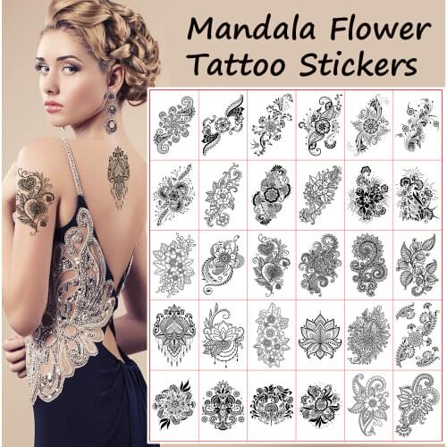 12pcs Mandala Sketch Flower Tattoo Stickers for Women Waterproof Temporary Tattoos Sexy Retro Hand Back Chest Clavicle Decals