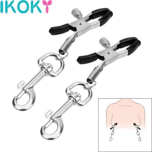 IKOKY 1 Pair Nipple Clamps Sexy Breast Clamp Female Orgasm Stimulator Teaser Games Metal Clips Sex Toy for Couples