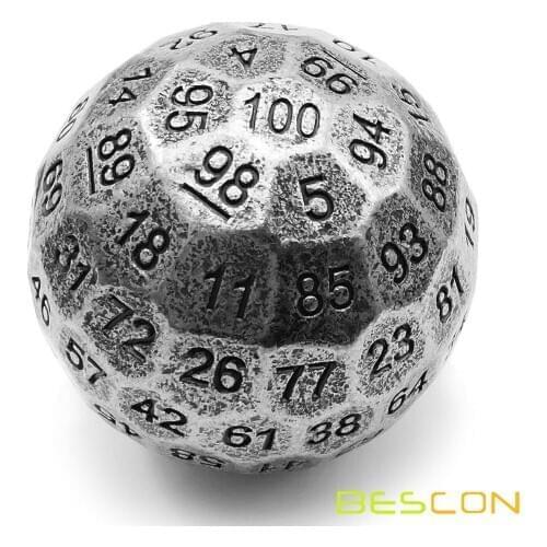 Bescon Solid Metal 100 Sided Dice, Game Dice D100,Giant Polyhedral Metal 100 Sides Dice 50MM in Diameter (1.97in),Ancient Silver
