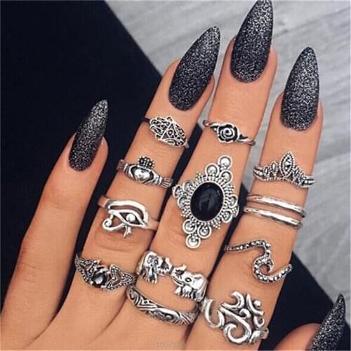 Bohemia Heart Flower Wave Elephant Rings For Women Black Gem Stone Knuckle Midi Ring Set Anillos Jewelry 13pcs/set