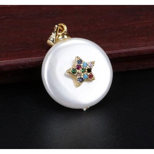 Rainbow multi-colors cz paved tiny gold star charm white round coin pearl bead dainty pendant choker necklace for women