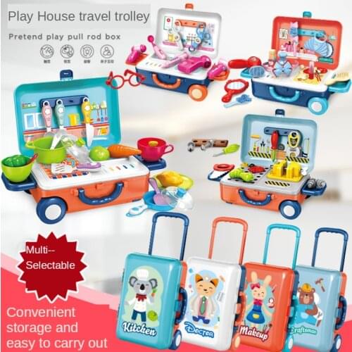Child Cute Emulation Play House Kitchen Tableware Medical Tools Makeups Portable Tools Trolley Case Set Toy Kids Explore Gifts