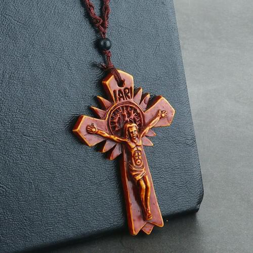 IARI Catholic Crucifix Jesus Pendant Necklace Adjustable Red Braided Rope Cross Necklace for Men Women Religious Jewelry
