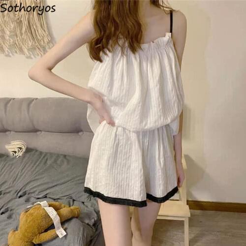 Women Fresh Pajama Sets Spaghetti Strap Tops Patchwork Shorts Loose Sweet Cozy Sleepwear Large Size S-5XL Lounge Student Popular