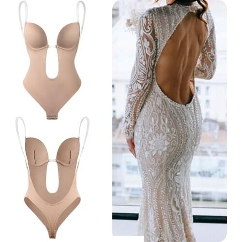 Bodysuit Shapewear Deep V-Neck Body Shaper Backless U Plunge Thong Shapers Waist Trainer Women Clear Strap Padded Push Up Corset