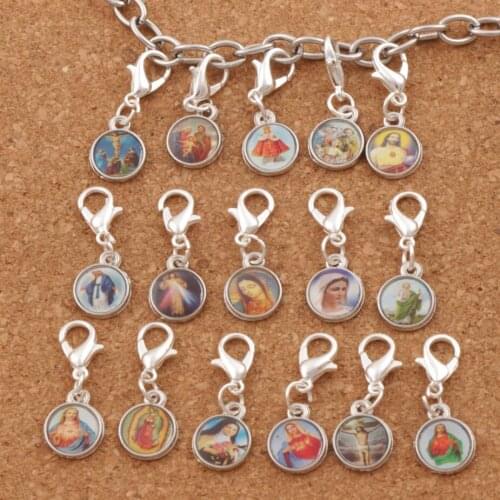 Catholic Religious Church Medals Saints Cross Clasp European Lobster Trigger Clip On Beads 24pcs C1707 26.7x10mm Zinc Alloy