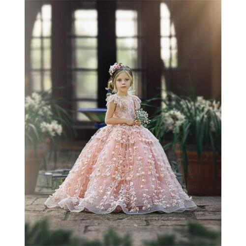 Cute Pink Flower Girl Dresses 3D Floral Appliqued Cap Sleeve Little Kids Wedding Dress Beautiful Girls Pageant Party Gowns