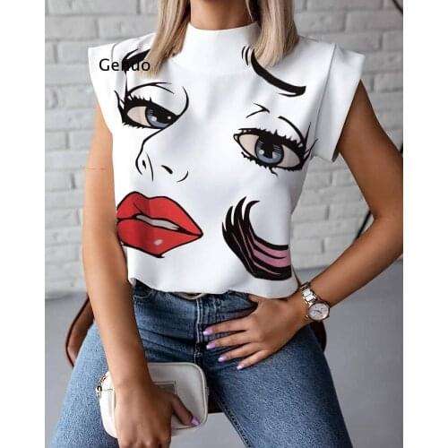 Fashion Women Elegant Lips Print Tops Blouse Shirts Summer Ladies Office Casual Stand Neck Pullovers Eye Blusa Tops