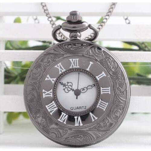 Black Roman double show quartz steampunk Good quality woman and men necklace chain pocket watch gift