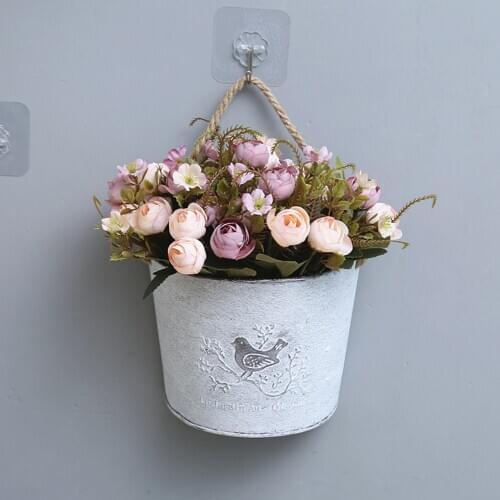 Garden Vintage Metal Flower Vase Rustic French Style Wall Mounted Flower Pot Hanging Baskets for Home Decoration