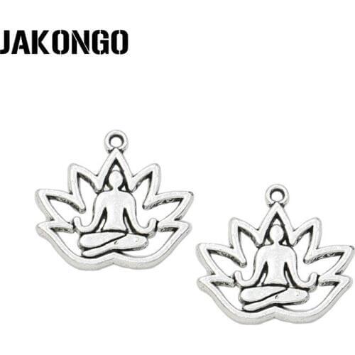 JAKONGO Antique Silver Plated Buddha Charms Yoga Pendants for Bracelet Jewelry Making Accessories DIY Handmade 17x18mm 10pcs