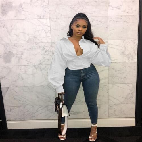 Plus Size 3XL Women Elegant Long Lantern Sleeve Solid Color Lapel Shirts Fall V-neck Blouse Buttons Top Jumper Tops for Ladies