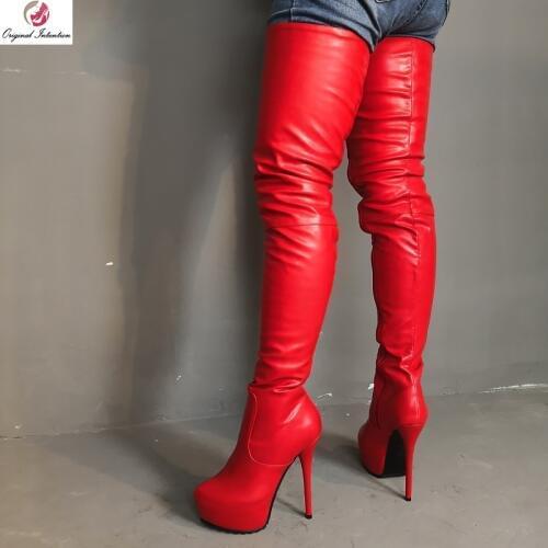 Original Intention Sexy Women Over Knee Boots Zipper Platform Red Shoes Thigh High Boots Fashion Shoes Woman Plus Size 4-20