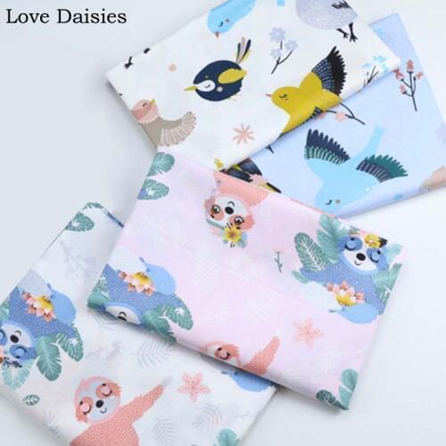100% Cotton Twill WHITE BLUE PINK Cartoon Color Birds Flowers Sloth Leaves Fabrics for DIY Kids Bedding Sheet Apparel Handwork