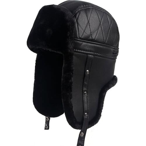 High Quality 2020 Winter Warm Leather Pilot Cap soviet Russian Ushanka Faxu Fur Hats Earflap Bomber Hat Men Black Snow hats