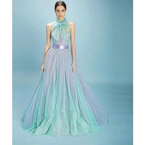 Chic Colored Shiny Tulle Long Women Party Dresses For Bridal Bridesmaid A-line Bow Long Mesh Wedding Gust Dress