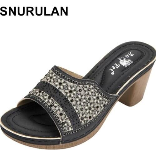 SNURULAN Women Summer Slipper Sandals Fashion High Heels Open Toe Crystal Sandals Ladies Rhinestone National style Beach Flip Fl