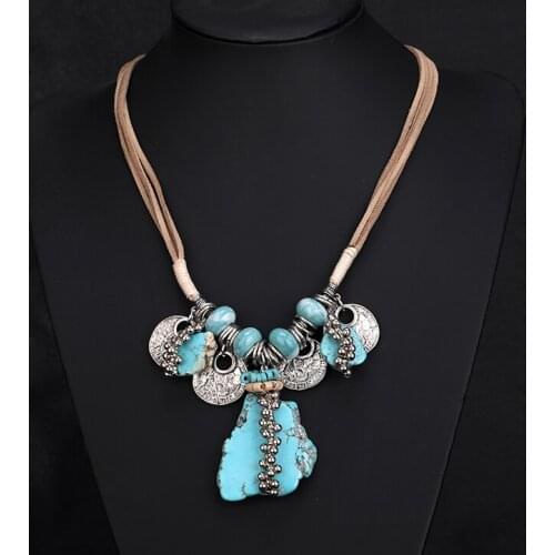 Vintage Ethnic Blue Ceramic Necklace Womens Retro Style Kpop Big Name Neck Accessories Lady High-End Hand Made Jewelry 2021