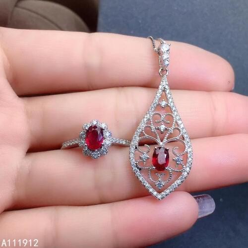 KJJEAXCMY fine jewelry natural Ruby 925 sterling silver women pendant necklace chain ring set support test beautiful