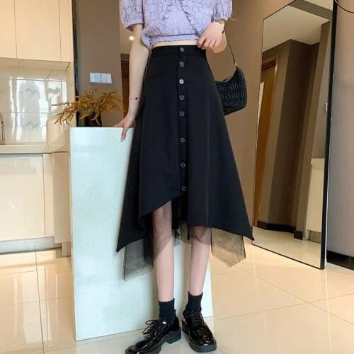 Lady Mesh Single Breasted Button High Waist Skirts Y2k Plaid Black Irregular Long Skirt Harajuku Gothic Korean Fashion Cloth
