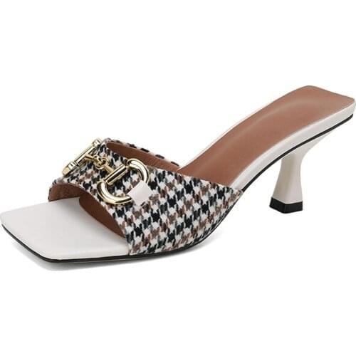 EGTPINAOP Summer Women Sandals Shoes On Heels Slippers Retro Open Toe Flip Flops ForWomen Cowhide And Special Fabric Combination