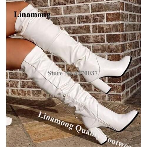 Linamong Women Elegant Round Toe Knee High Chunky Heel Boots White Leather Slim Long Thick HIgh Heel Boots Formal Dress Shoes