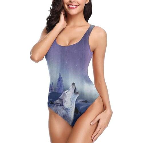 Womens One-Piece Swimsuit 2021 Sexy Padded Sporty Swimsuits Teen Girls Animal Wolf Starry Night