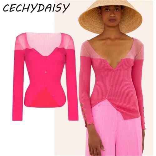 Knitted Sweater Runway 2020 Tops Women Autumn Long Sleeve Sexy V-neck Splice Mesh Ladies Stretch Vintage Casual Jumper mujer Top