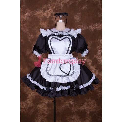 Sexy Lockable Black/White Heart Type Satin Lace Sissy Maid Short Dress Cosplay Uniform[S005]