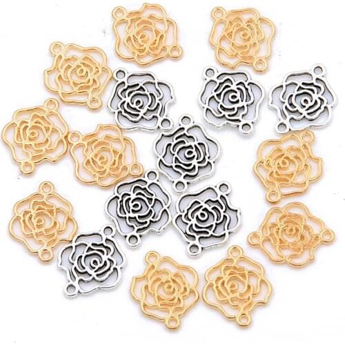 50PCS 2 Color 13*16mm KC Gold Paper Rose Charms Plant Connector Metal Alloy DIY Necklace Bracelet Handwork Marking Findings