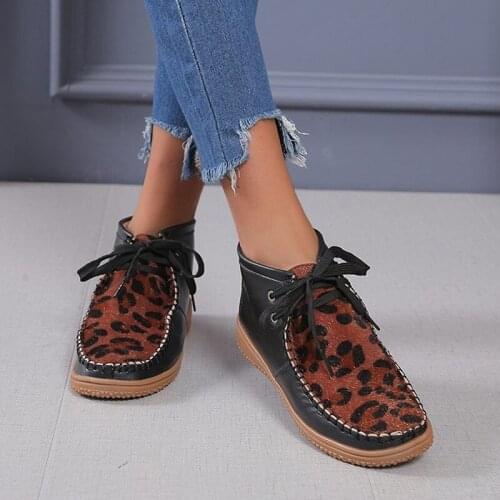 Ladies Sewing Plush Short Boots Casual Leopard Printed Ankle Boots Fashion Patchwork Lace Up Flats Womens Shoes For Female