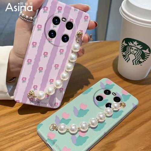 ASINA Imitation Lambskin Case For Huawei Mate 40 30 Pro Silicone Edge Fashion Cover with Pearl Chain For Huawei Honor 30 Pro