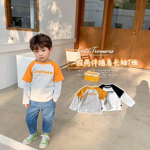 Childrens wear 2021 spring new T-shirt printing fake two Raglan long sleeve T-shirt for boys and girls