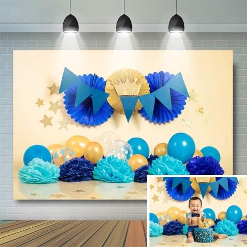 Boy 1st Birthday Photography Background Cake Smash Theme Blue Ballooons Glitter Stars Child Newborn Props Backdrop Photo Studio