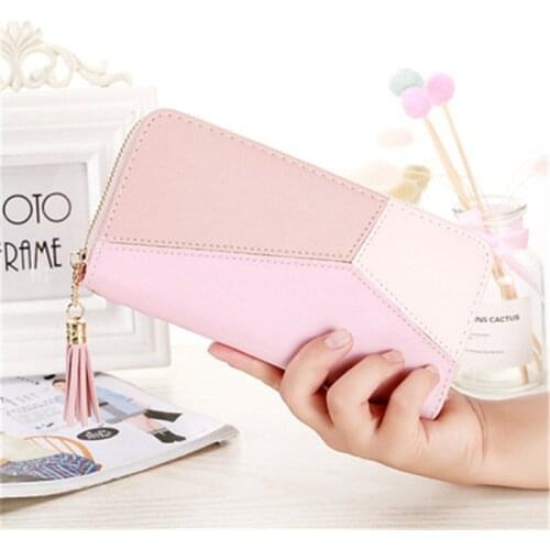 Blue Clutch WomenS Long Korean-Style Contrasting Color Panel Zip Tassled Large-Volume Wallet Mobile Phone