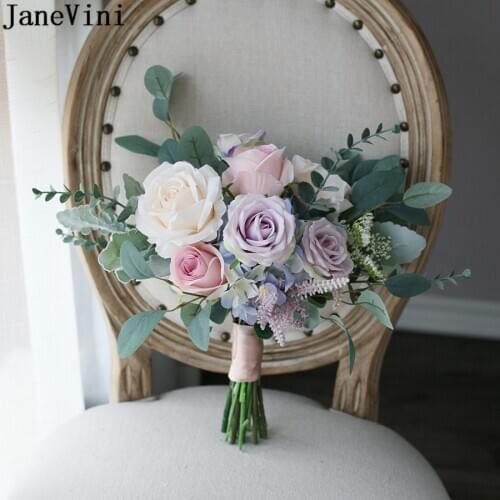 JaneVini Romantic Light Pink Purple Bridal Bouquets Artificial Roses flores rosa Silk Flowers Wedding Bouquet Bridesmaid Flower