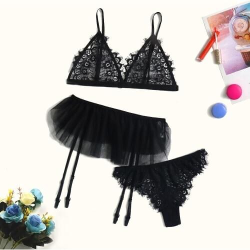 Sexy Lingerie 2020 Exquisite Mesh Lingerie Bra+Garter+Briefs Set Babydoll Cut-Out Sleepwear Sexy Lingerie ropa interior femenina