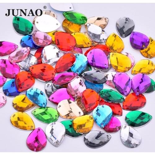 JUNAO 18x25mm Sewing Colorful Teardrop Rhinestones Flat Back Acrylic Crystal Strass Sew On Stone for Needlework Crafts