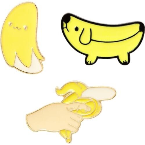 Cute Banana Dog Toy Gun Brooch Enamel Pins for Clothes Bag buckle Button Badge Funny Fruit Brooches Jewelry Gift for Women